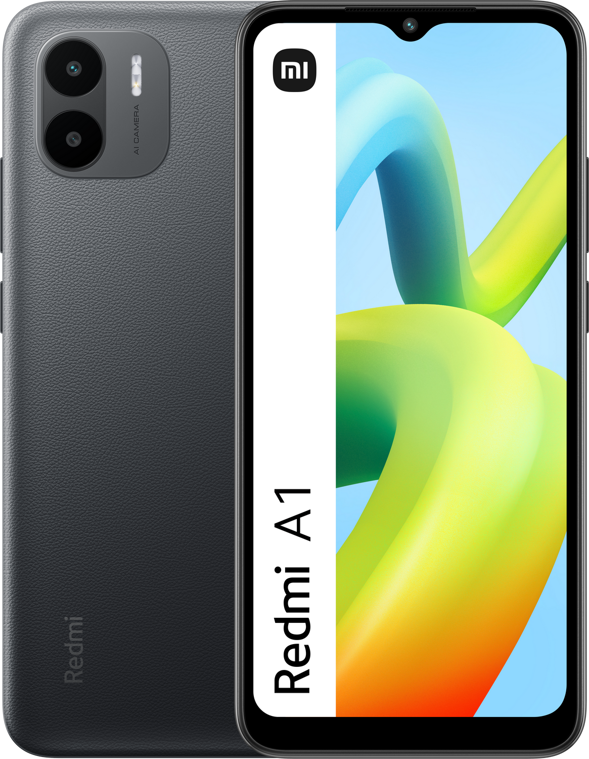 Un smartphone Redmi A1 negro, vista frontal y trasera, con fondo de pantalla colorido.