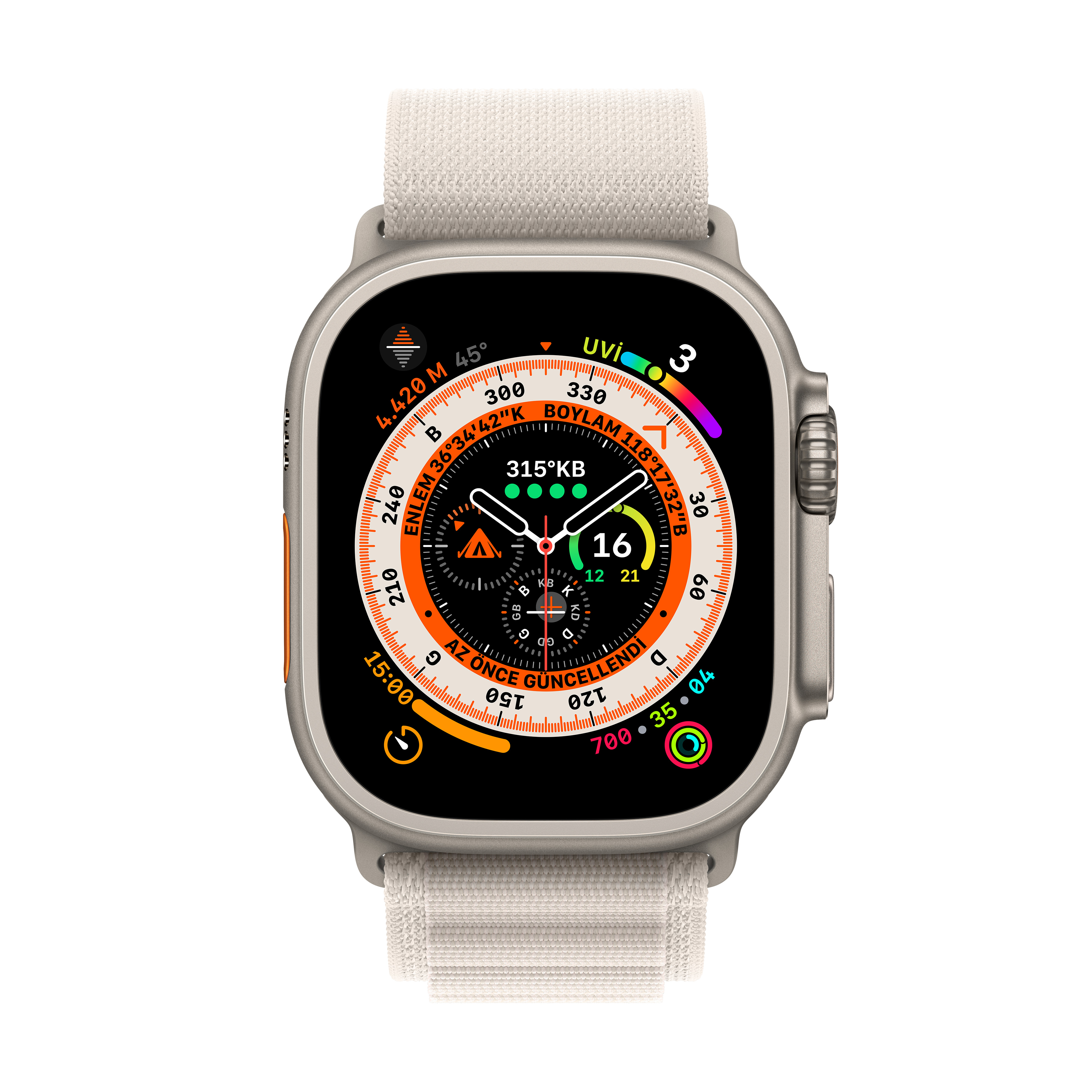 APPLE Watch Ultra GPS + Cellular 49 mm MQFT3TU/A Titanyum Kasa ve Yıldız Işığı Alpine Loop - L