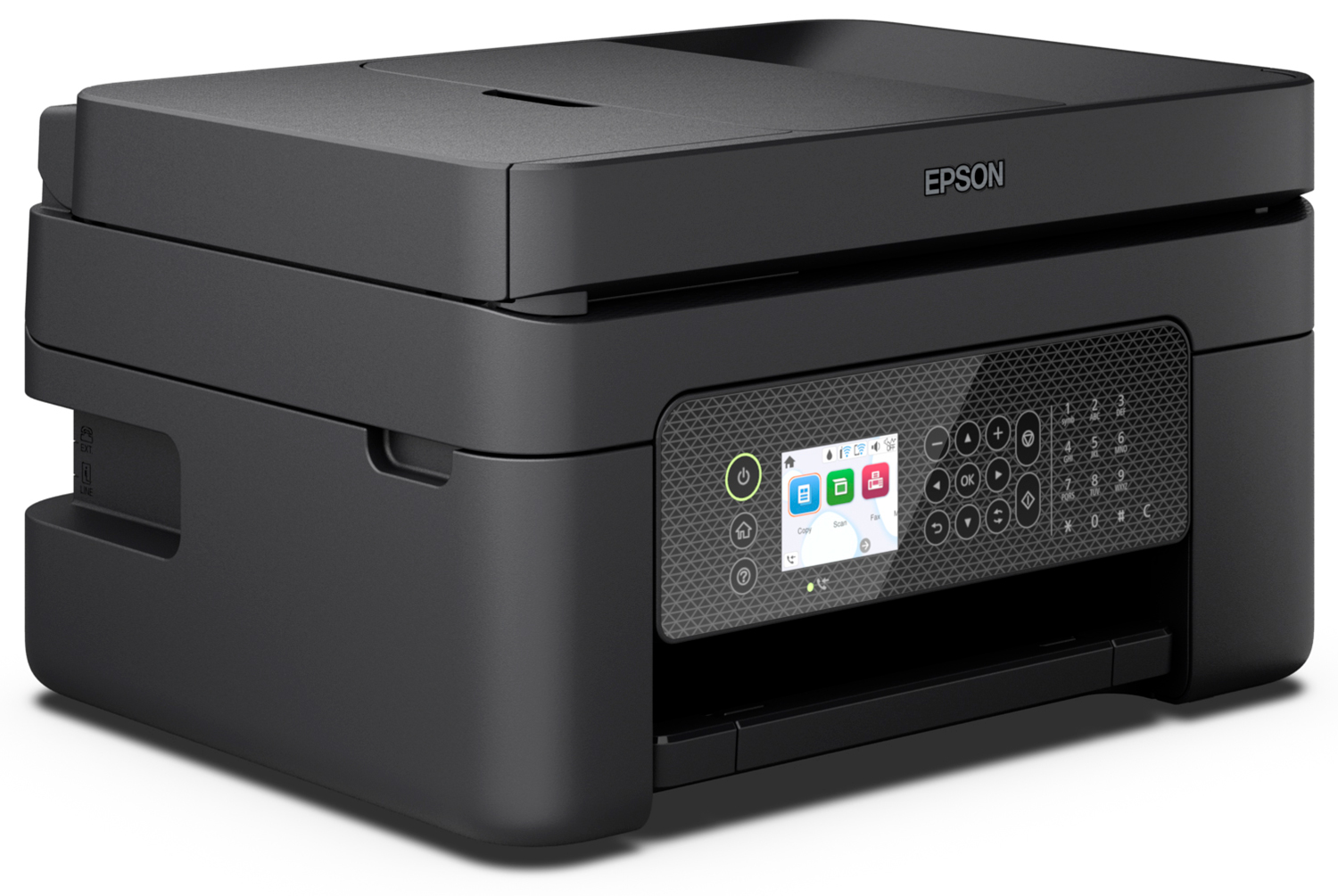 Imprimante Epson noire avec écran et boutons. Section supérieure repliée. Logo Epson visible.