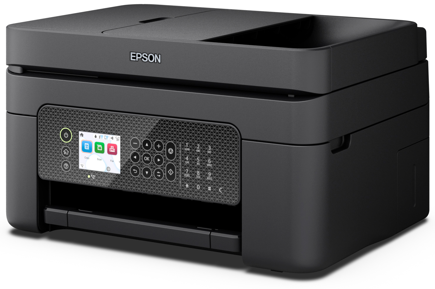 Une imprimante Epson, noire, avec écran et boutons.