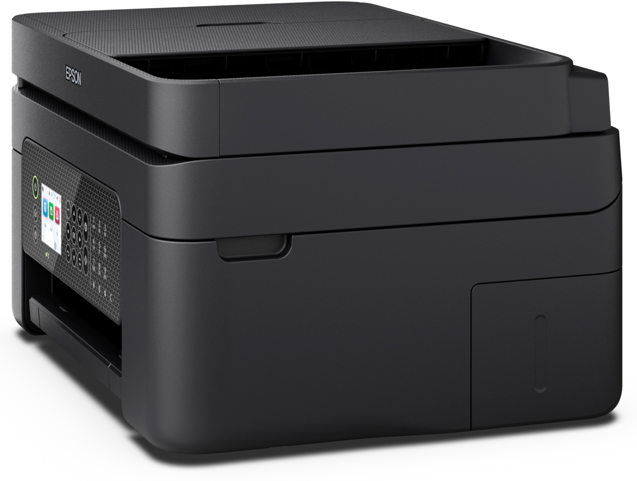 Imprimante Epson noire. Elle possède un panneau de commande et un dessus ouvert.