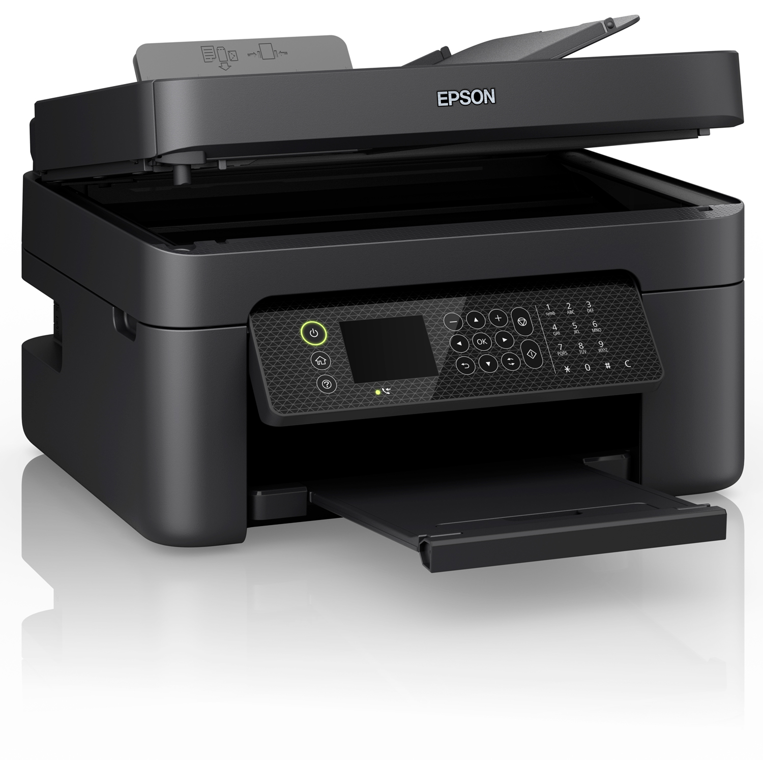 Une imprimante Epson noire avec le dessus ouvert, montrant un écran et des boutons numérotés.