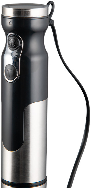 Hand blender with black and silver casing. Power buttons are visible. Black cord extends downwards.