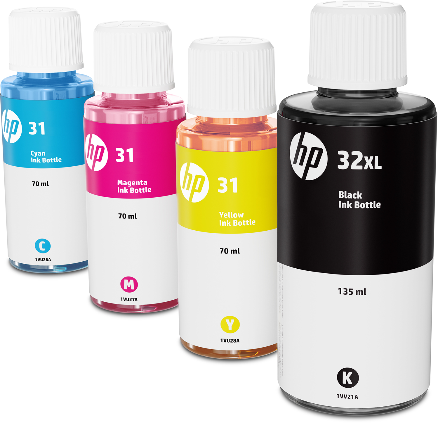 Vier HP inktflessen: cyaan, magenta, geel en zwart, op wit.