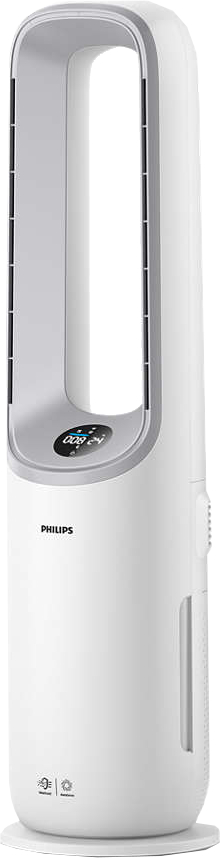 Witte en grijze Philips luchtkoeler. Hij is lang en slank met een display bovenaan en bediening onderaan.