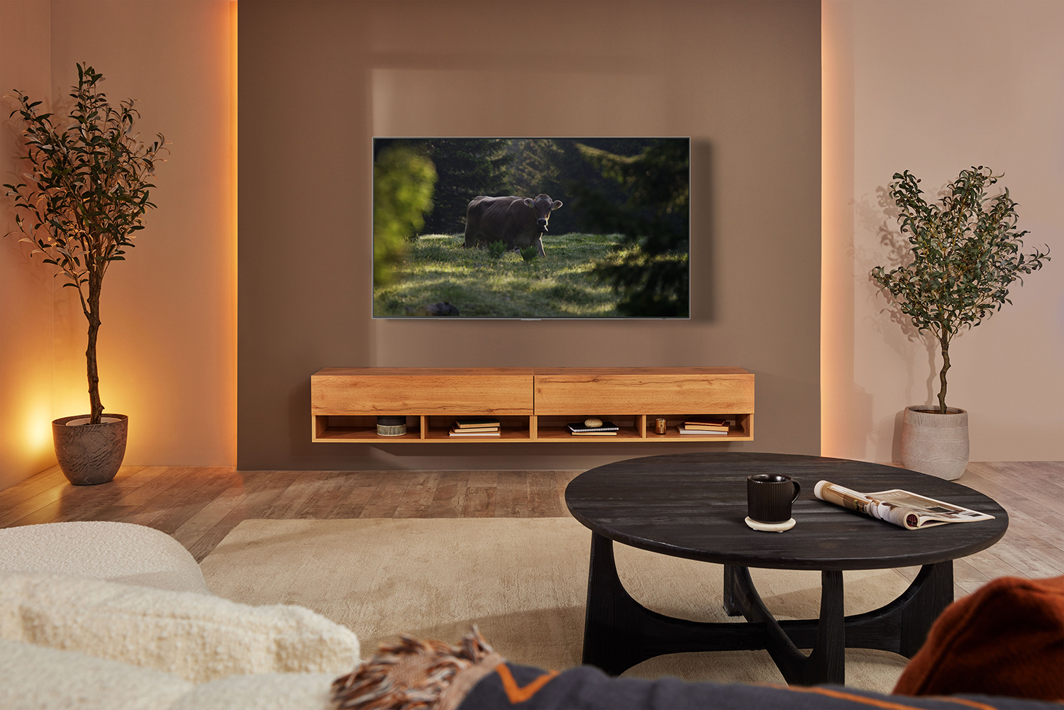 Woonkamer met tv, houten kast, salontafel, planten. Lichtbruine muur, beige vloerkleed, donkere tafel.