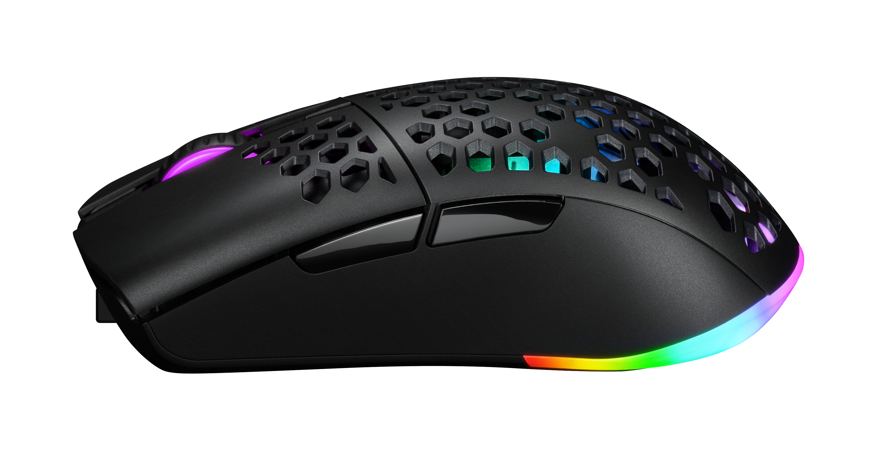Schwarze Gaming-Maus mit Wabenmuster, RGB-Beleuchtung und einer eleganten, ergonomischen Form.