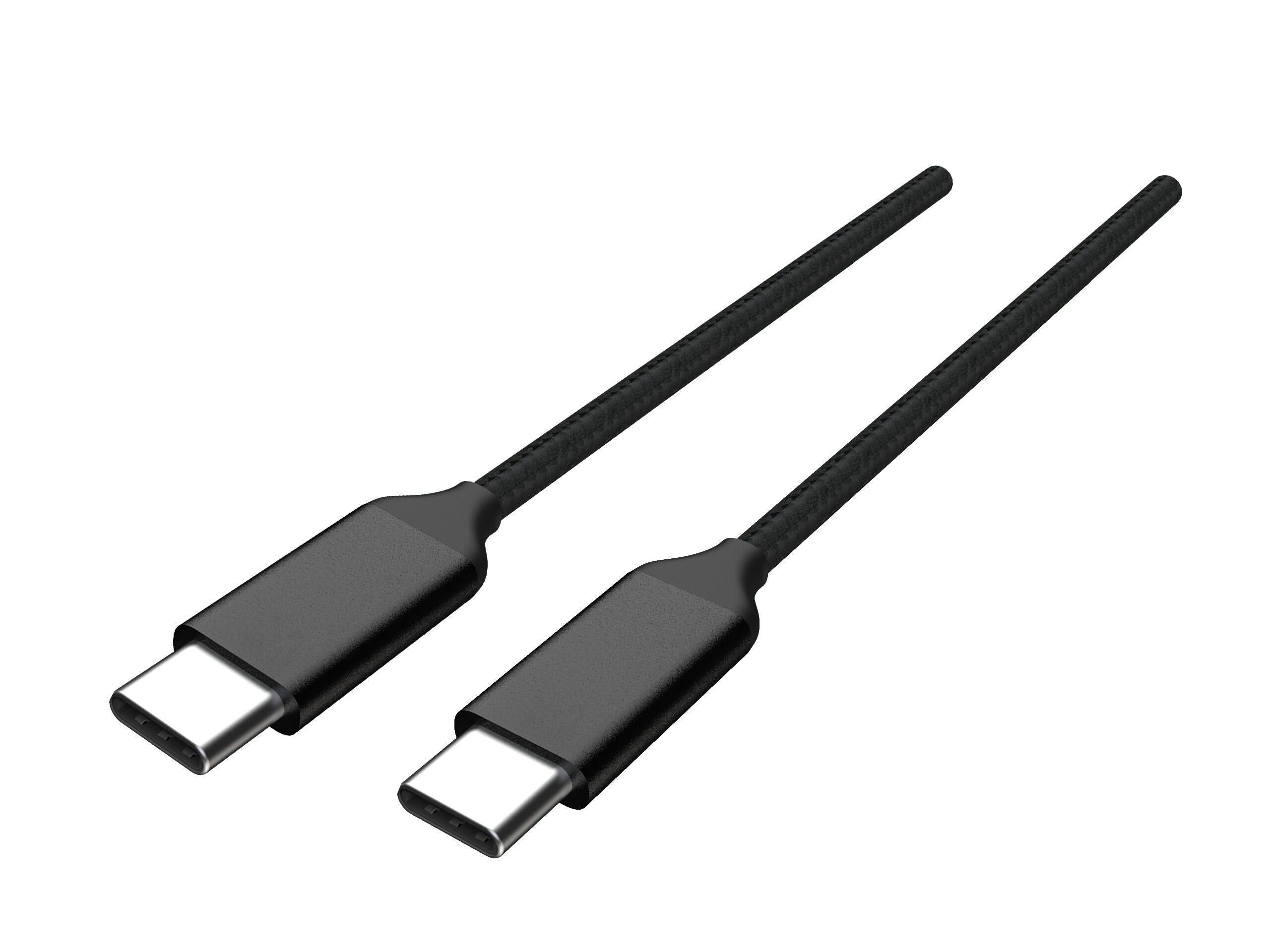 Zwei schwarze USB-C-Kabel, die nebeneinander liegen. Der Hintergrund ist weiß.