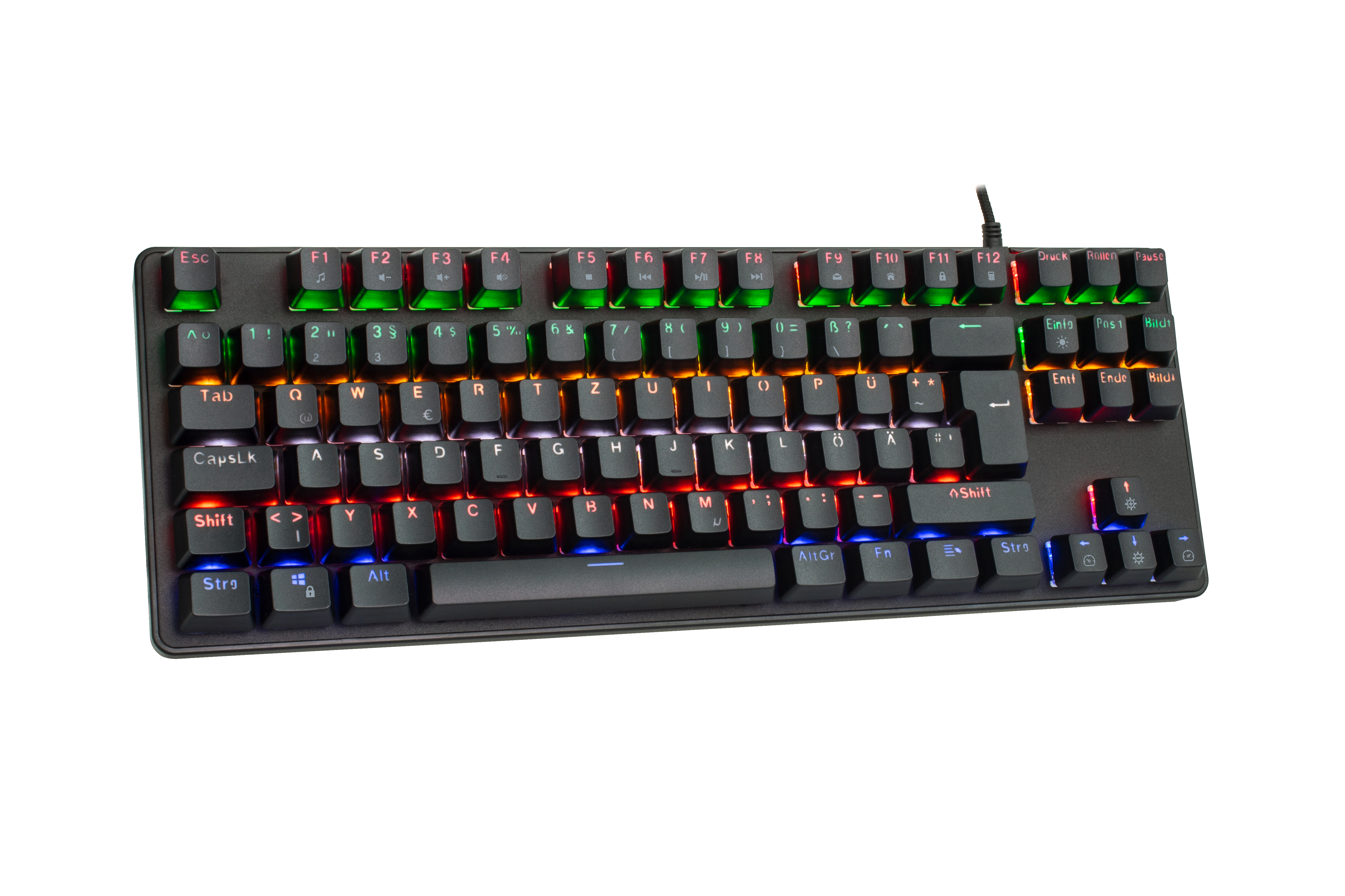 Schwarze Gaming-Tastatur mit beleuchteten Tasten auf weißem Grund.