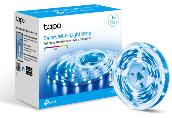 A box with a Smart Wi-Fi Light Strip. The strip is curled to show lights. The box shows an app interface.