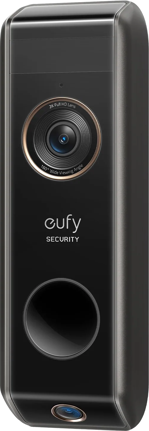Zwarte Eufy beveiligingsdeurbel met een cameralens en de merknaam zichtbaar.
