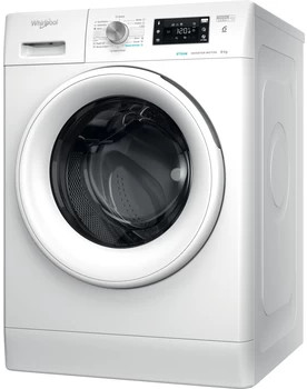 Witte Whirlpool wasmachine. Heeft een ronde deur en bedieningspaneel bovenop.