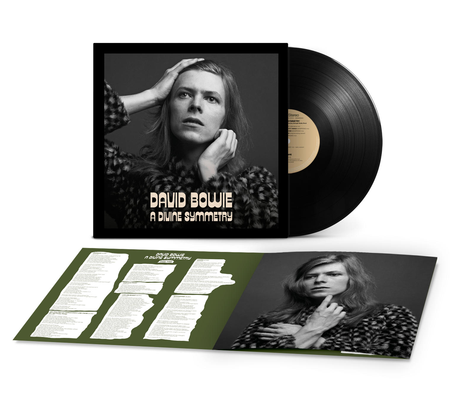 Pochette d'album avec David Bowie, un disque et une feuille de paroles.