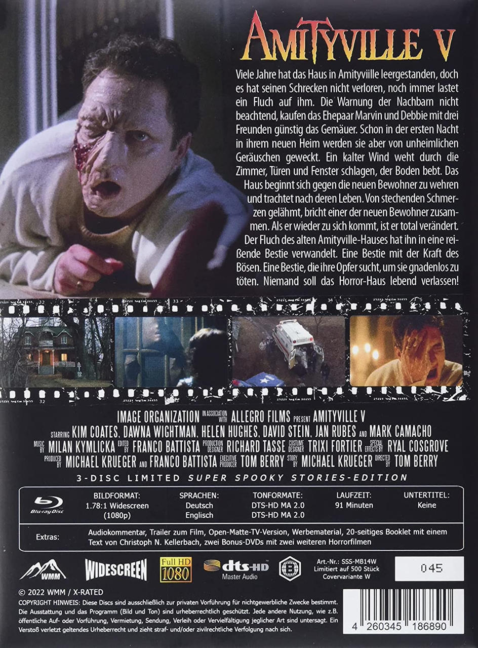 DVD-Cover mit gruseligem Gesicht. Text auf Deutsch, Titel: "Amityville V".