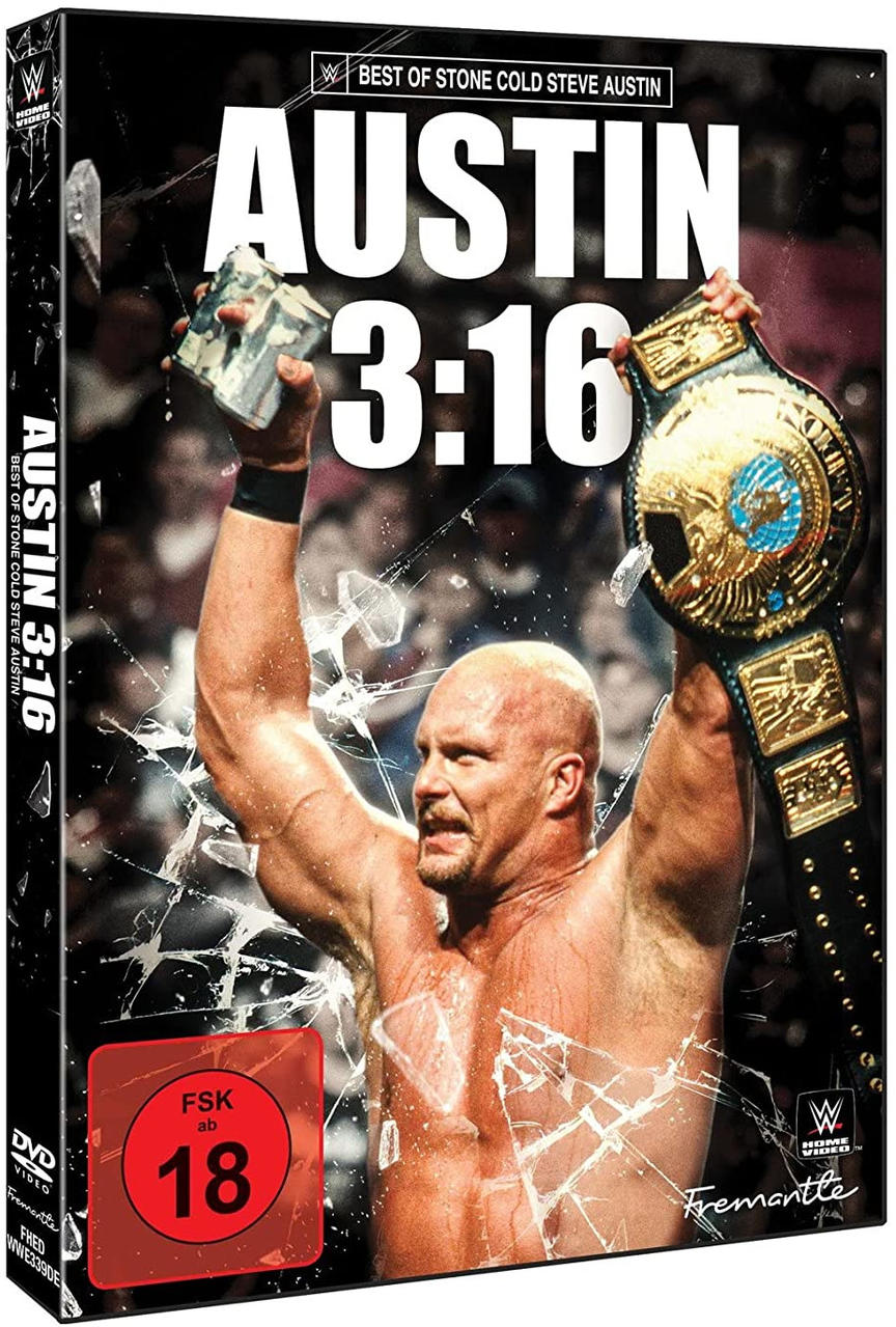DVD-Cover von Stone Cold Steve Austin mit einem zersplitterten Glaseffekt und dem WWE-Meisterschaftsgürtel.