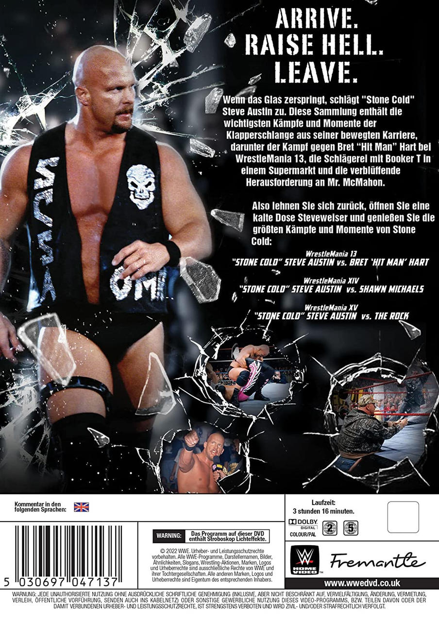 DVD-Cover von "Stone Cold" Steve Austin. Effekt von zerbrochenem Glas mit einem muskulösen Mann im Zentrum.