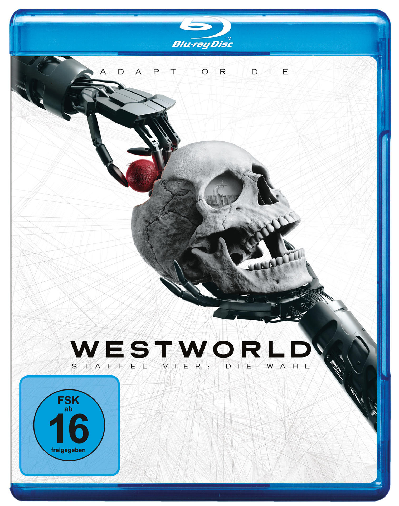 Westworld Blu-ray Hülle, eine Roboterhand hält einen Schädel mit rotem Objekt.