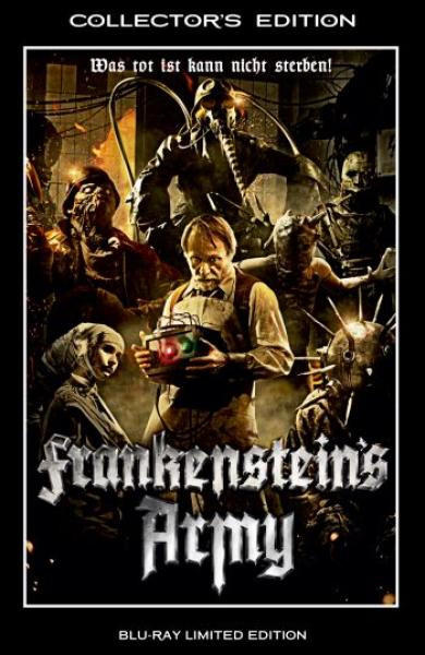 DVD-Cover von 'Frankenstein's Army'. Dunkles Bild eines Mannes, der eine Box hält, umgeben von monsterartigen Figuren.
