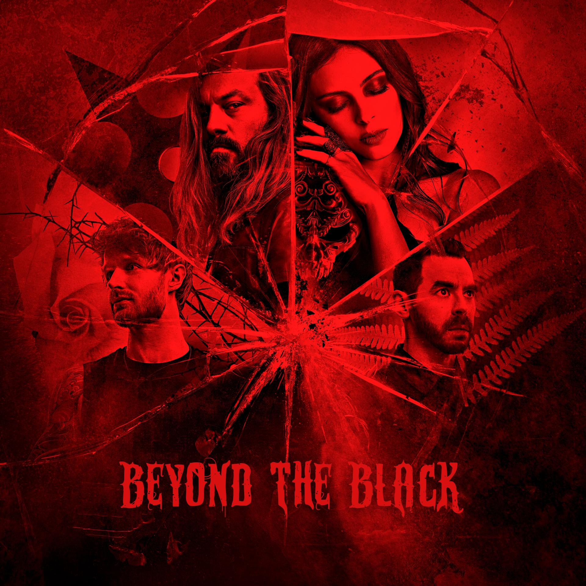 Bandmitglieder im Glassplitter-Effekt, roter Hintergrund, mit dem Schriftzug 'Beyond the Black'.