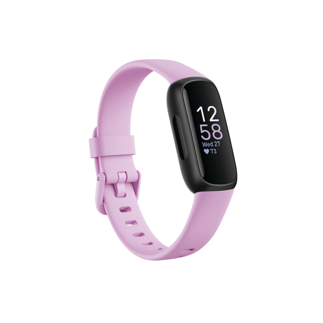 Rastreador de actividad física Fitbit Inspire 3 rosa con pantalla negra que muestra la hora y el ritmo cardíaco.