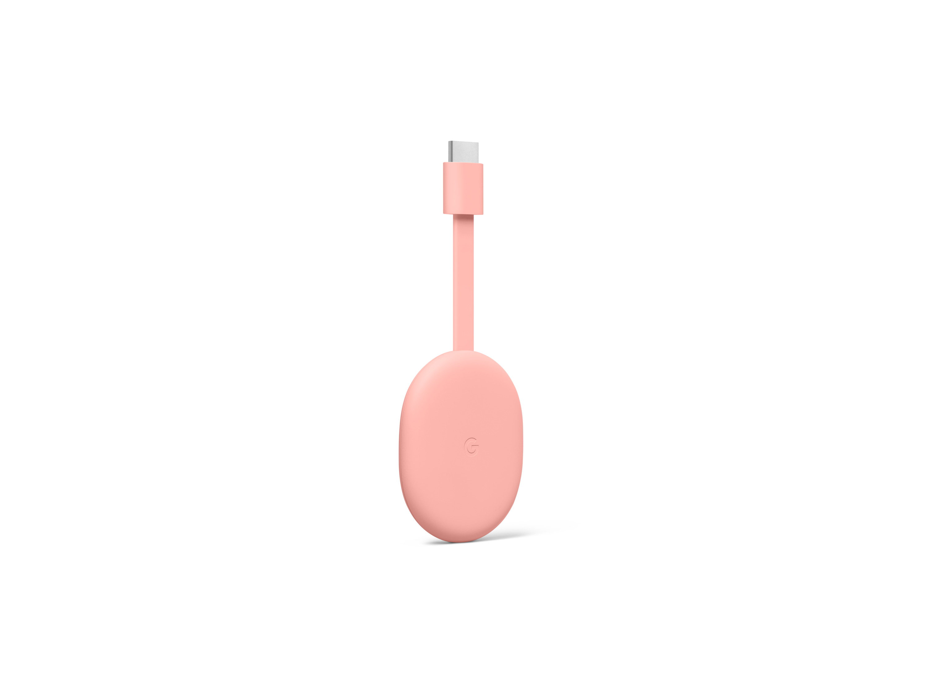 Dispositivo Google Chromecast rosa con cable corto rosa y conector USB-C.