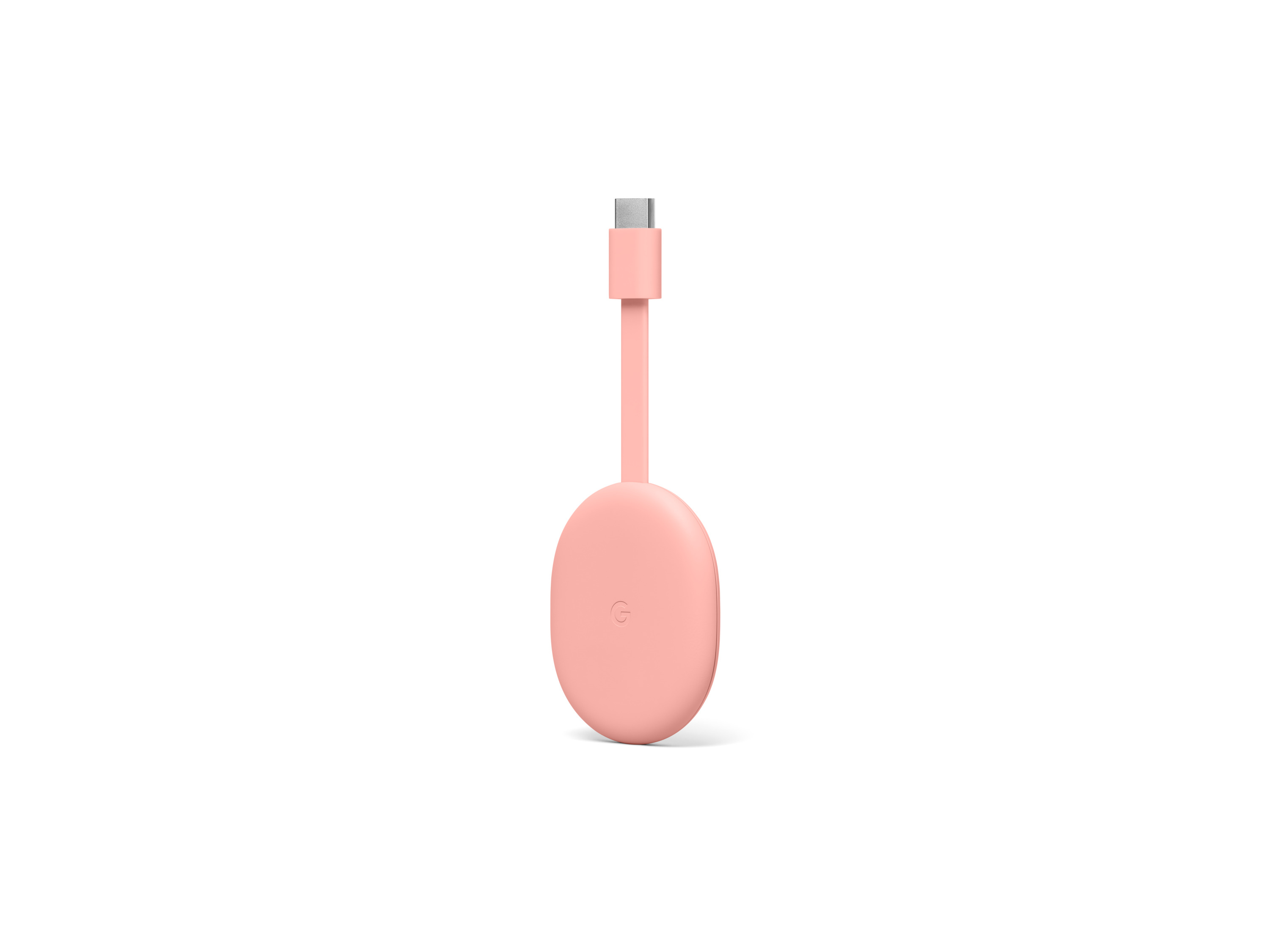 Dispositivo de transmisión Google Chromecast rosa con cable y conector sobre fondo blanco.