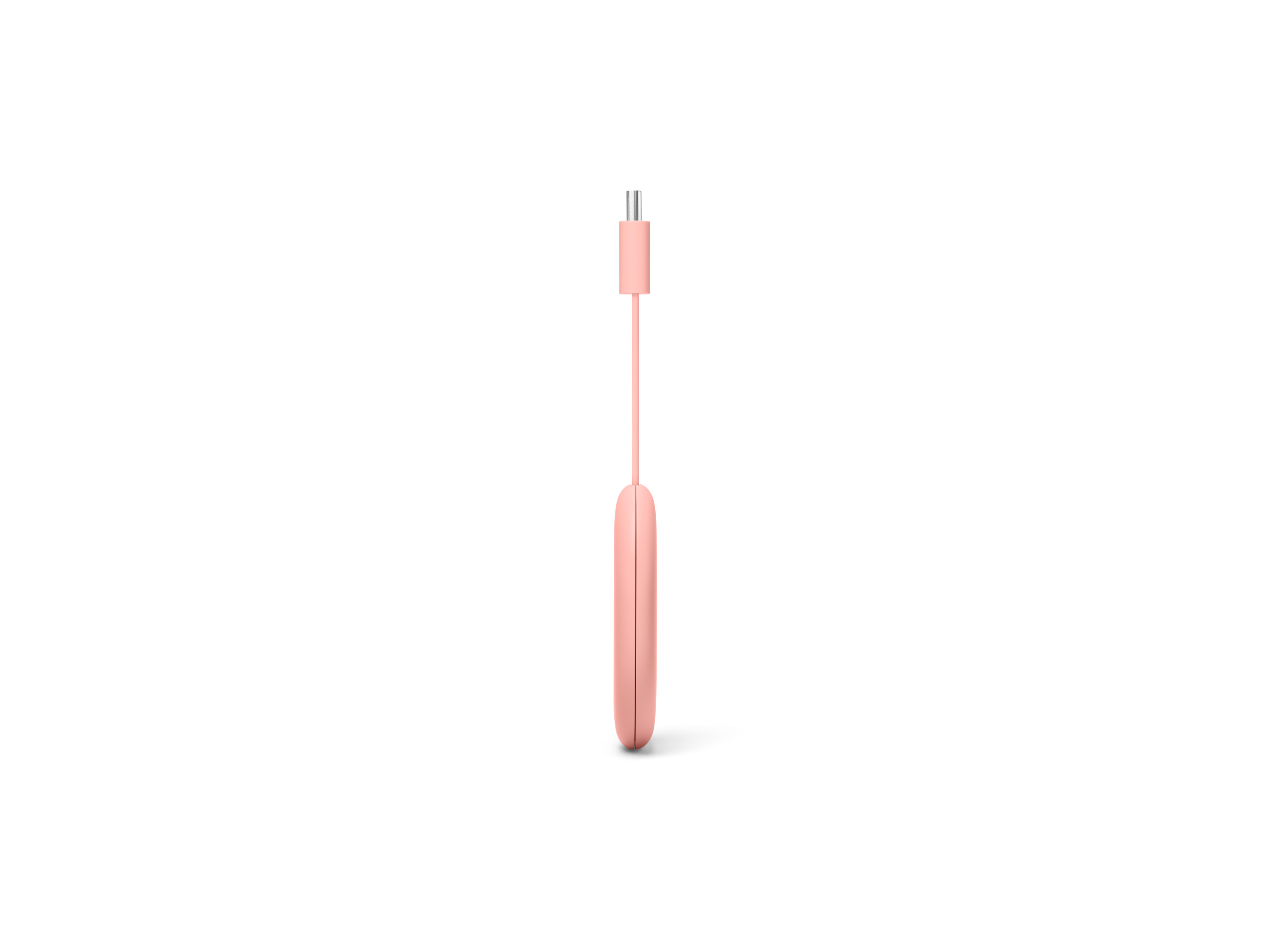 Un cable de carga USB-C rosa, de pie sobre un fondo blanco.