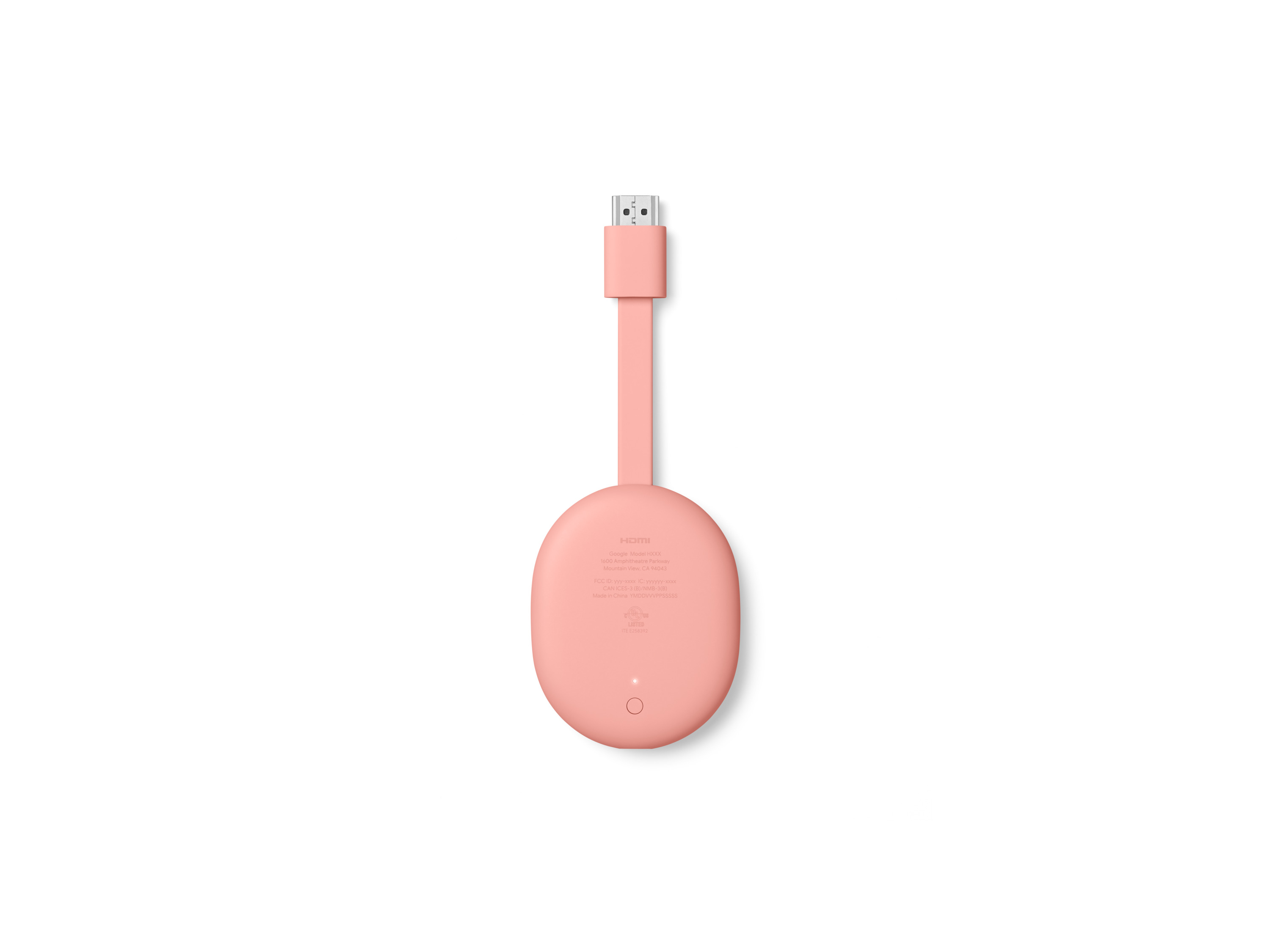 Chromecast rosa sobre un fondo blanco. Conector HDMI. Forma ovalada.