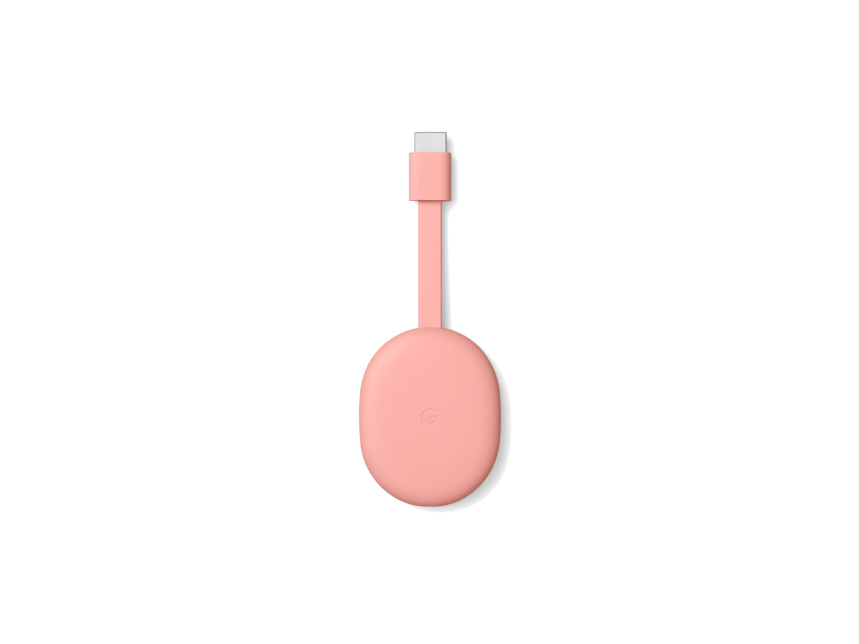 Dispositivo de transmisión Chromecast de Google rosa con cable de conexión.
