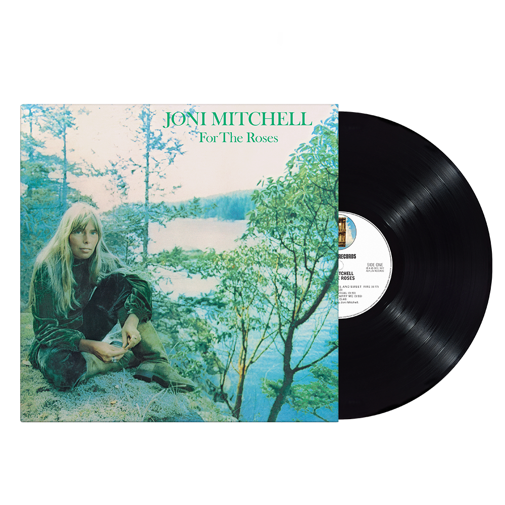 Vinyl-Schallplattenhülle von Joni Mitchells „For The Roses“ mit Schallplatte.