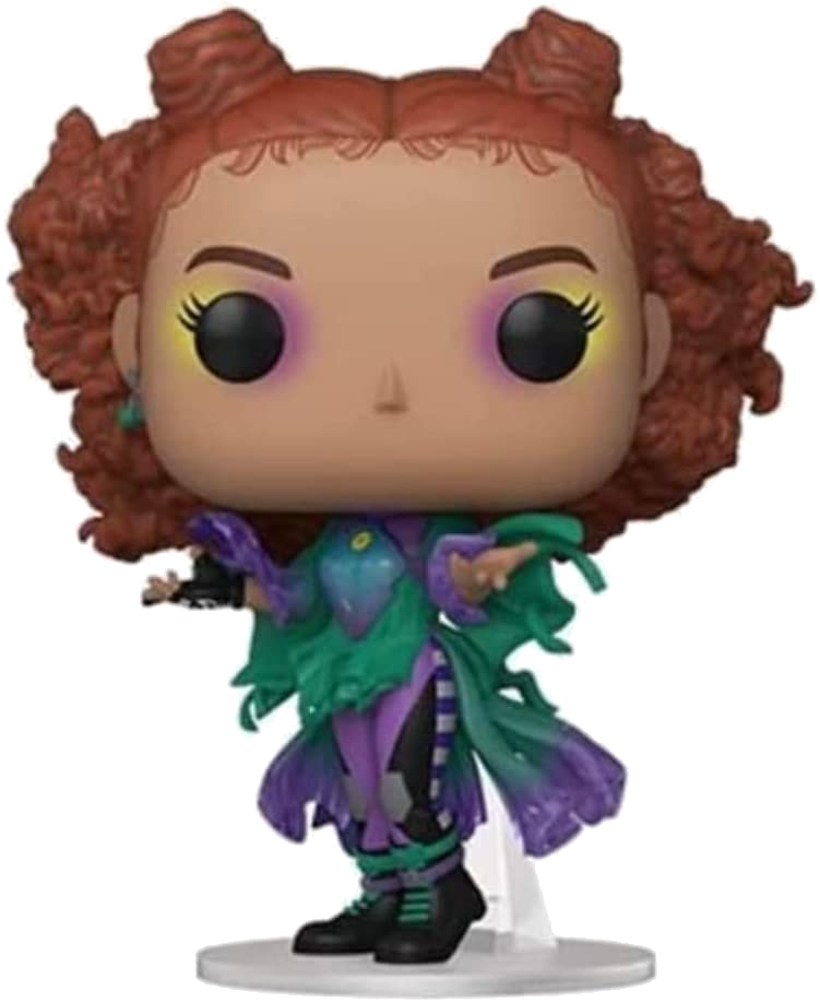 Figura Funko Pop de una bruja con pelo rojo y vestido verde y morado.