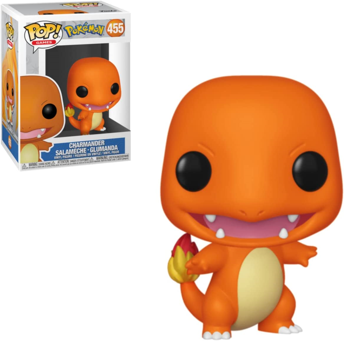 Una figura naranja de Charmander con arte de caja. Fondo blanco.