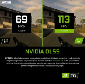 Comparación Nvidia DLSS: 69 vs 113 FPS, mostrando aumento de rendimiento.