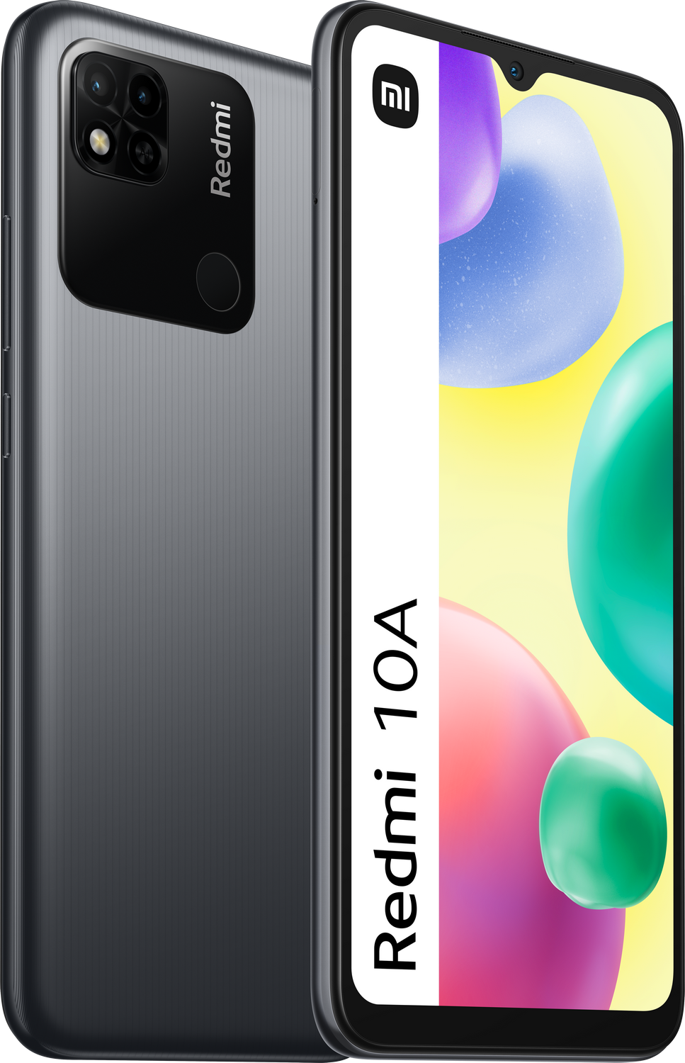 Un smartphone negro y gris con triple cámara y el nombre Redmi 10A en la pantalla.