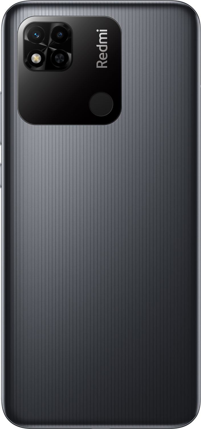 Parte trasera de un teléfono Redmi negro con módulo de cámara y logo Redmi.