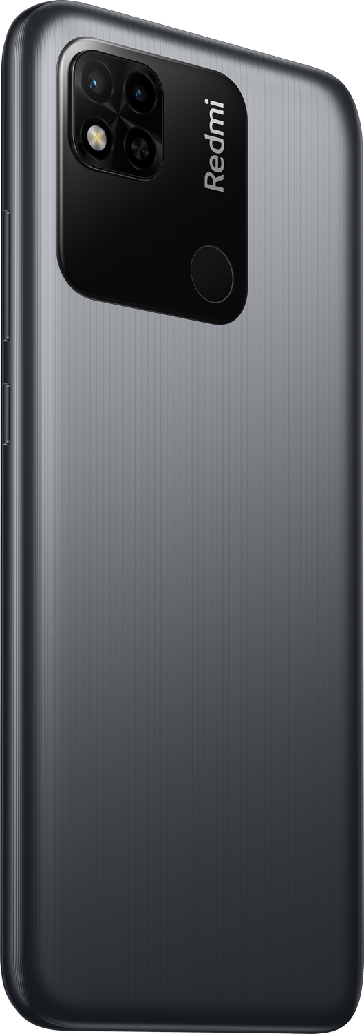 Teléfono Redmi 10A gris, vista trasera, con módulo de cámara y logo Redmi.