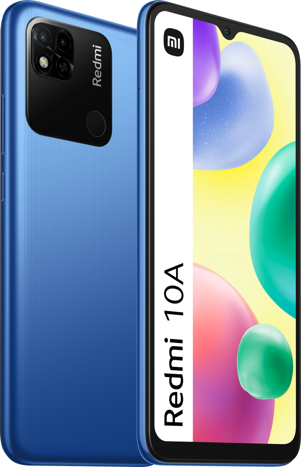 Teléfono Redmi 10A azul con área de cámara negra y el logotipo de Redmi. La pantalla muestra formas coloridas.