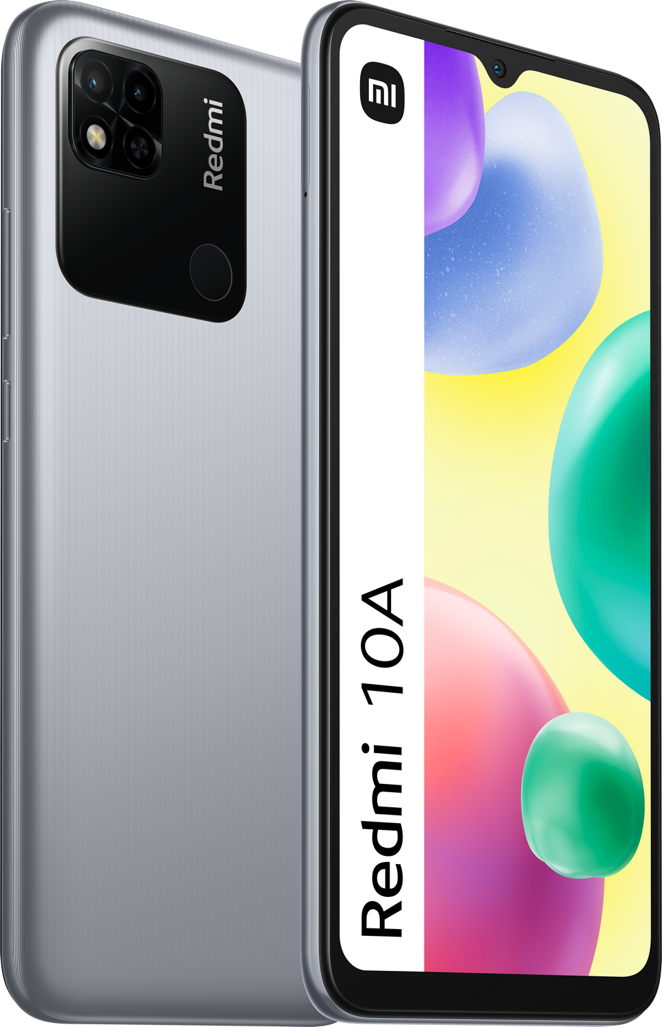 Un teléfono inteligente Redmi 10A gris muestra una pantalla colorida. La parte trasera tiene cámaras y Redmi.