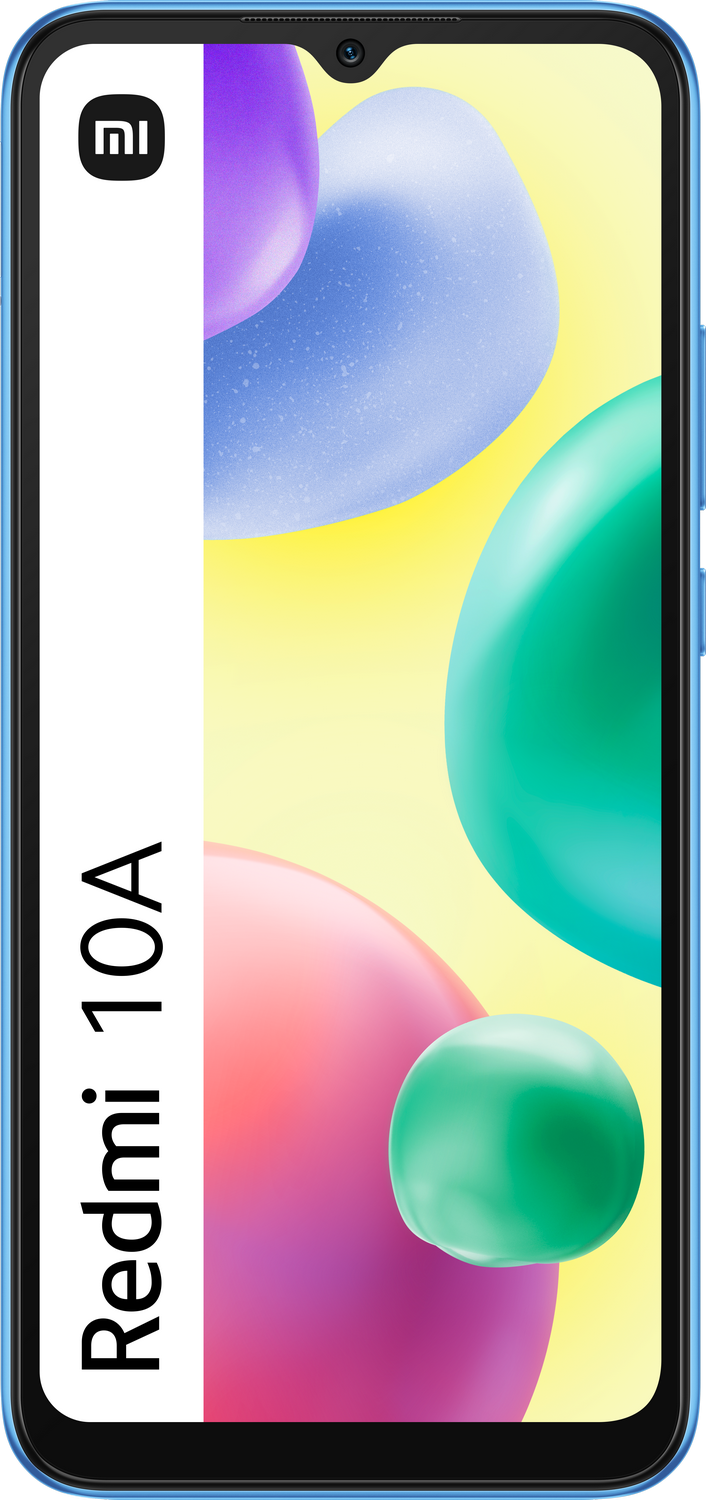 Un teléfono inteligente Xiaomi Redmi 10A azul con un fondo multicolor.