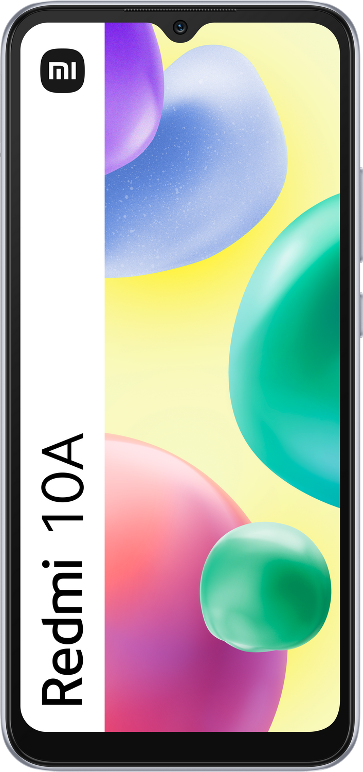 Un smartphone con una pantalla colorida que muestra un logotipo de Redmi 10A.