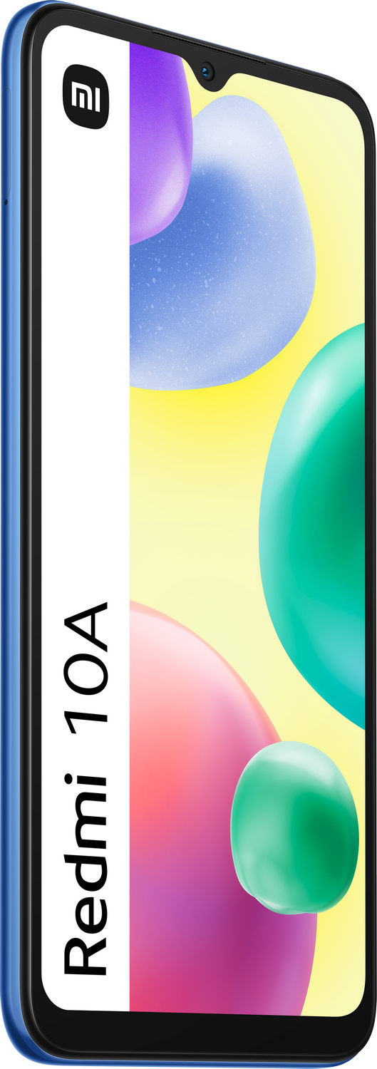 Teléfono Redmi 10A azul, vista frontal, mostrando pantalla con formas coloridas y logo.