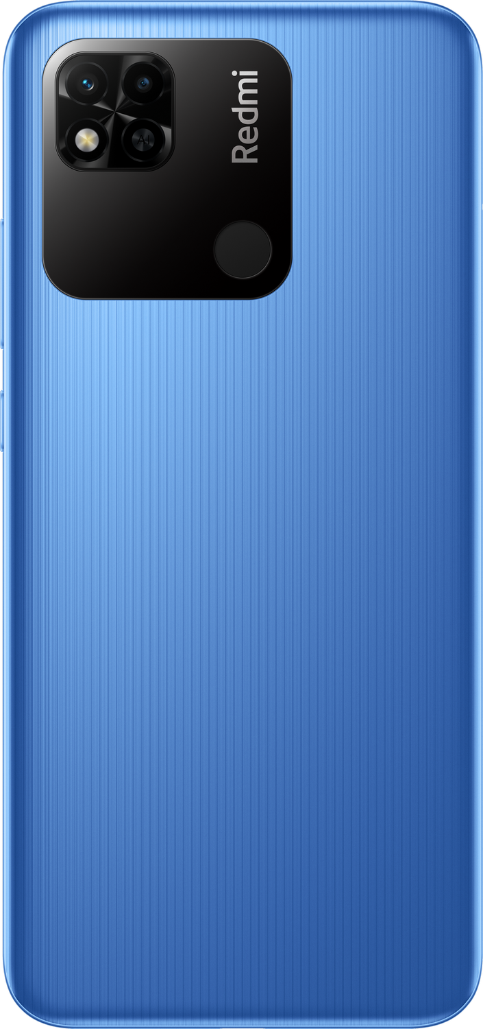 La parte trasera de un teléfono Redmi azul con una configuración de triple cámara y un logotipo Redmi.