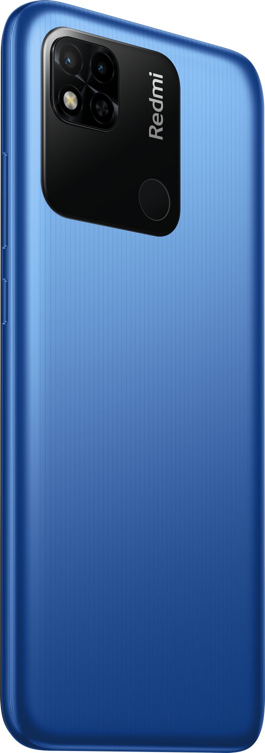 Vista trasera de teléfono Redmi azul, módulo de cámara y lente negra.