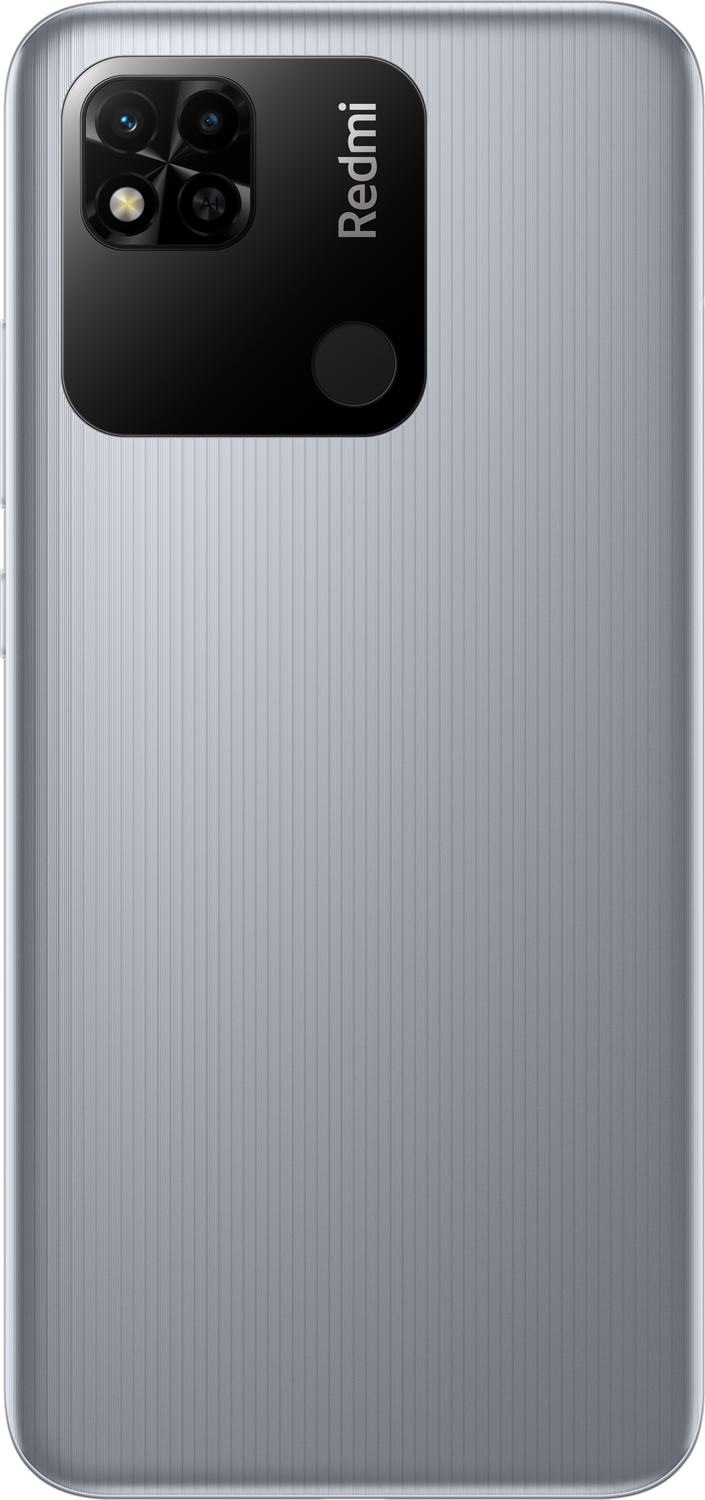 Parte trasera de un smartphone Redmi 10A gris con lentes de cámara y texto Redmi.