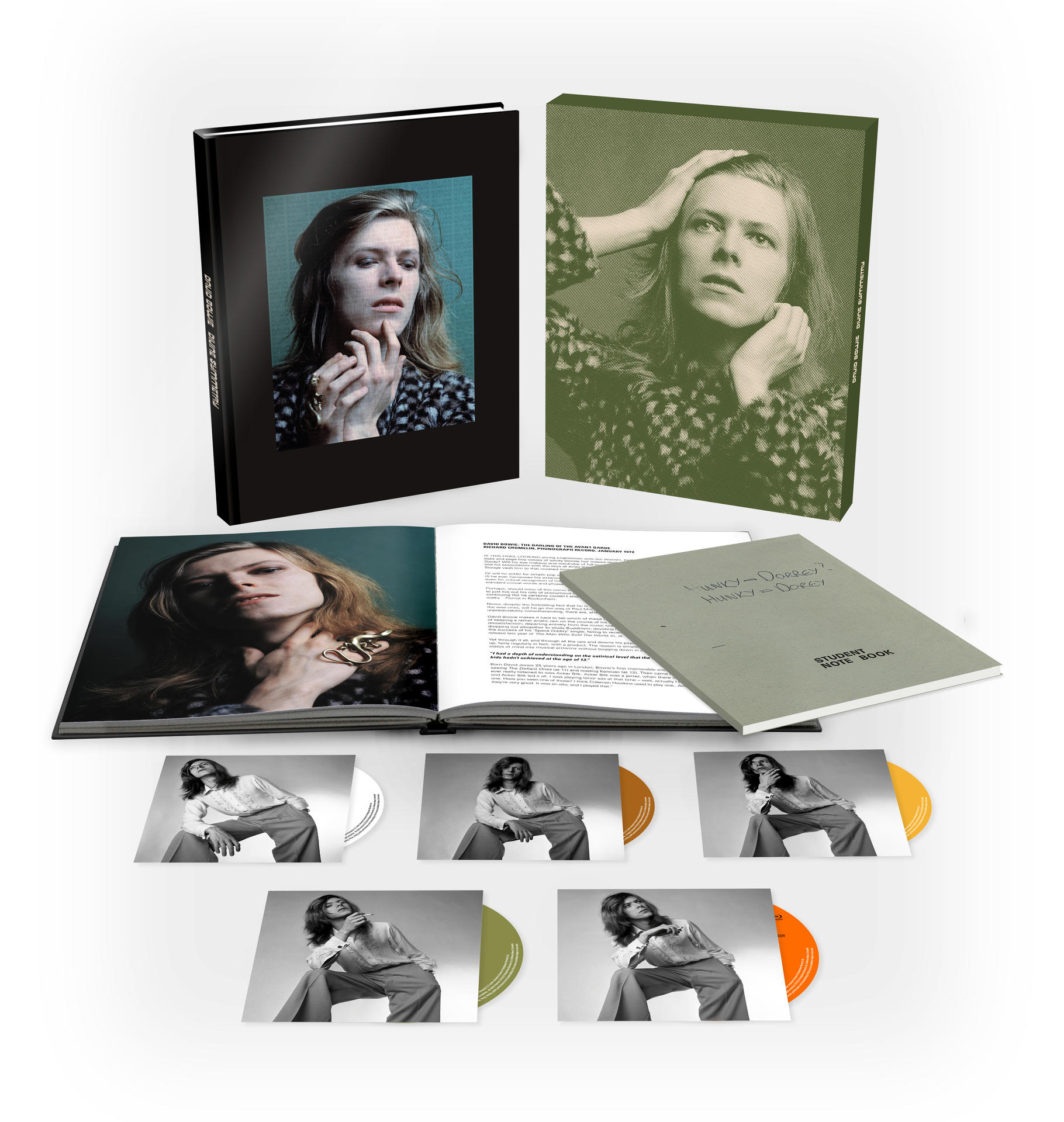Mehrere David Bowie Albumcover und Discs werden angezeigt.