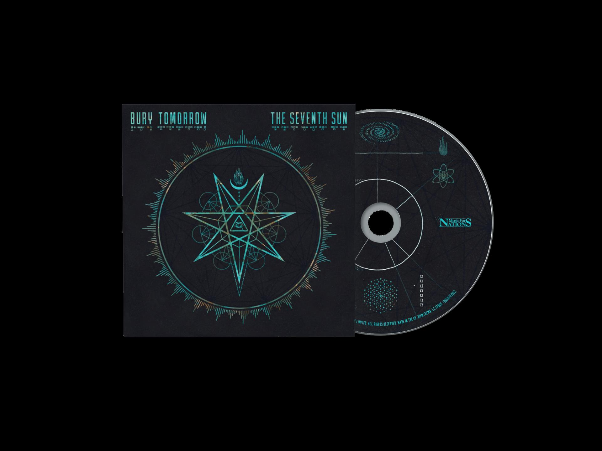 Albumcover und CD für Bury Tomorrow's 'The Seventh Sun'. Schwarzer Hintergrund mit teal Design.