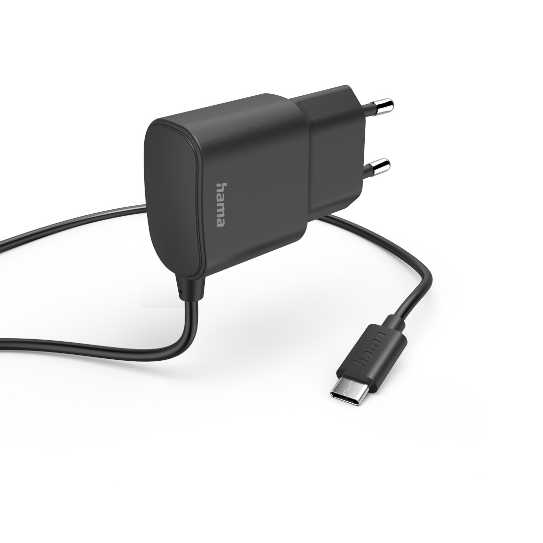 Schwarzes Hama-Ladegerät mit USB-C-Kabel, isoliert auf weißem Hintergrund.