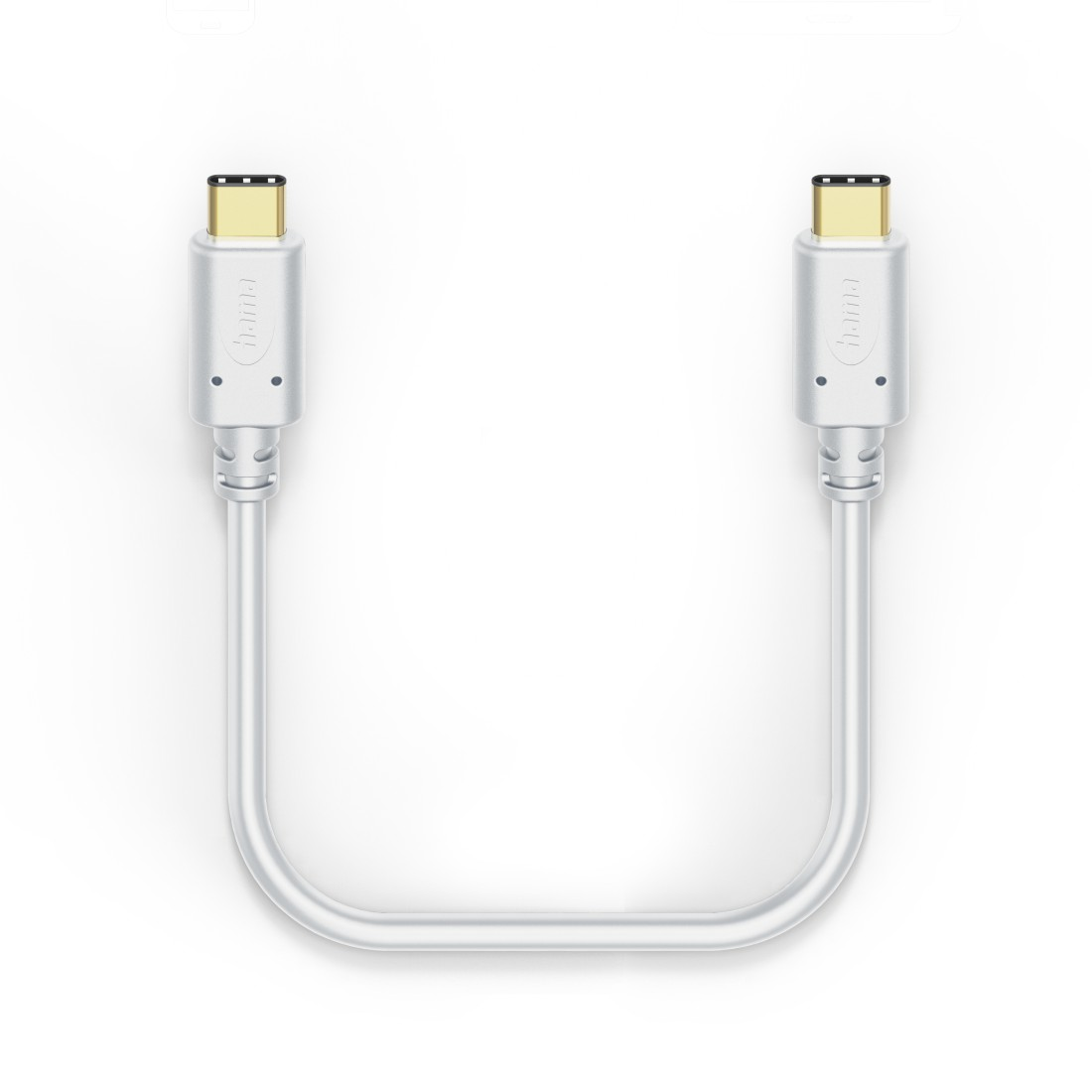 Weißes USB-C-Kabel mit goldenen Steckern. Das Kabel hat eine U-Form vor weißem Hintergrund.
