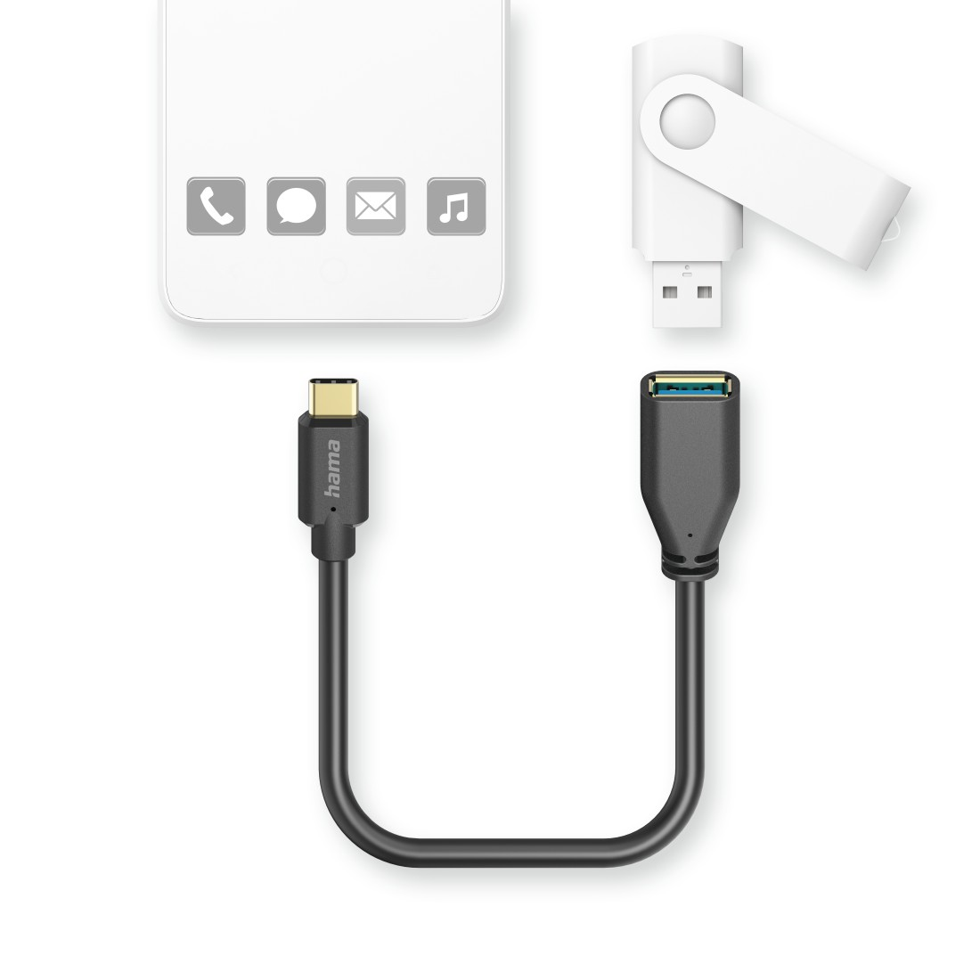 Weißes Telefon mit Symbolen, schwarzes USB-C-Kabel und schwarzer USB-Stick.