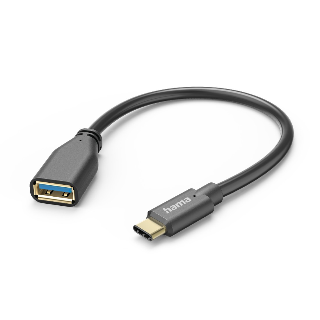 Schwarzes USB-C-auf-USB-Adapterkabel auf weißem Hintergrund.